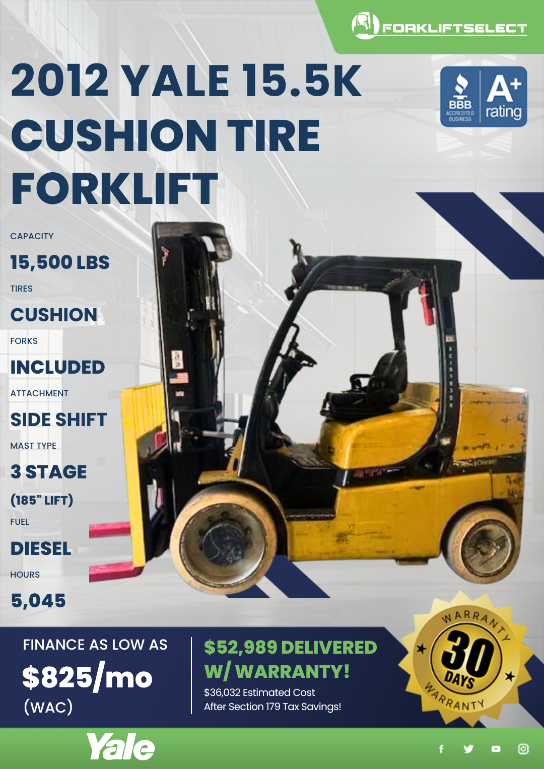 2012 YALE 15.5K CUSHION TIRE FORKLIFT