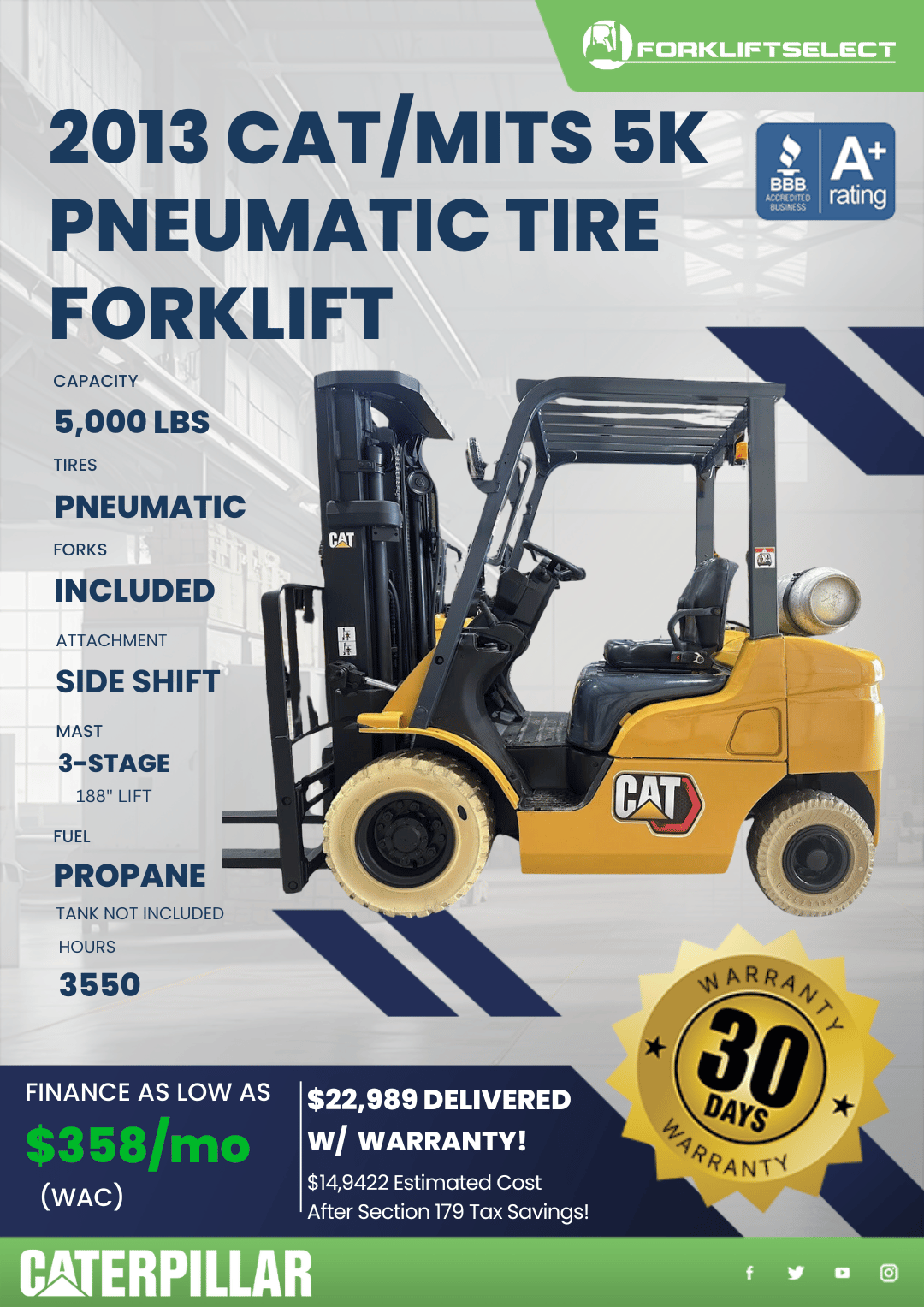 2013 CAT/MITS 5K PNEUMATIC TIRE FORKLIFT