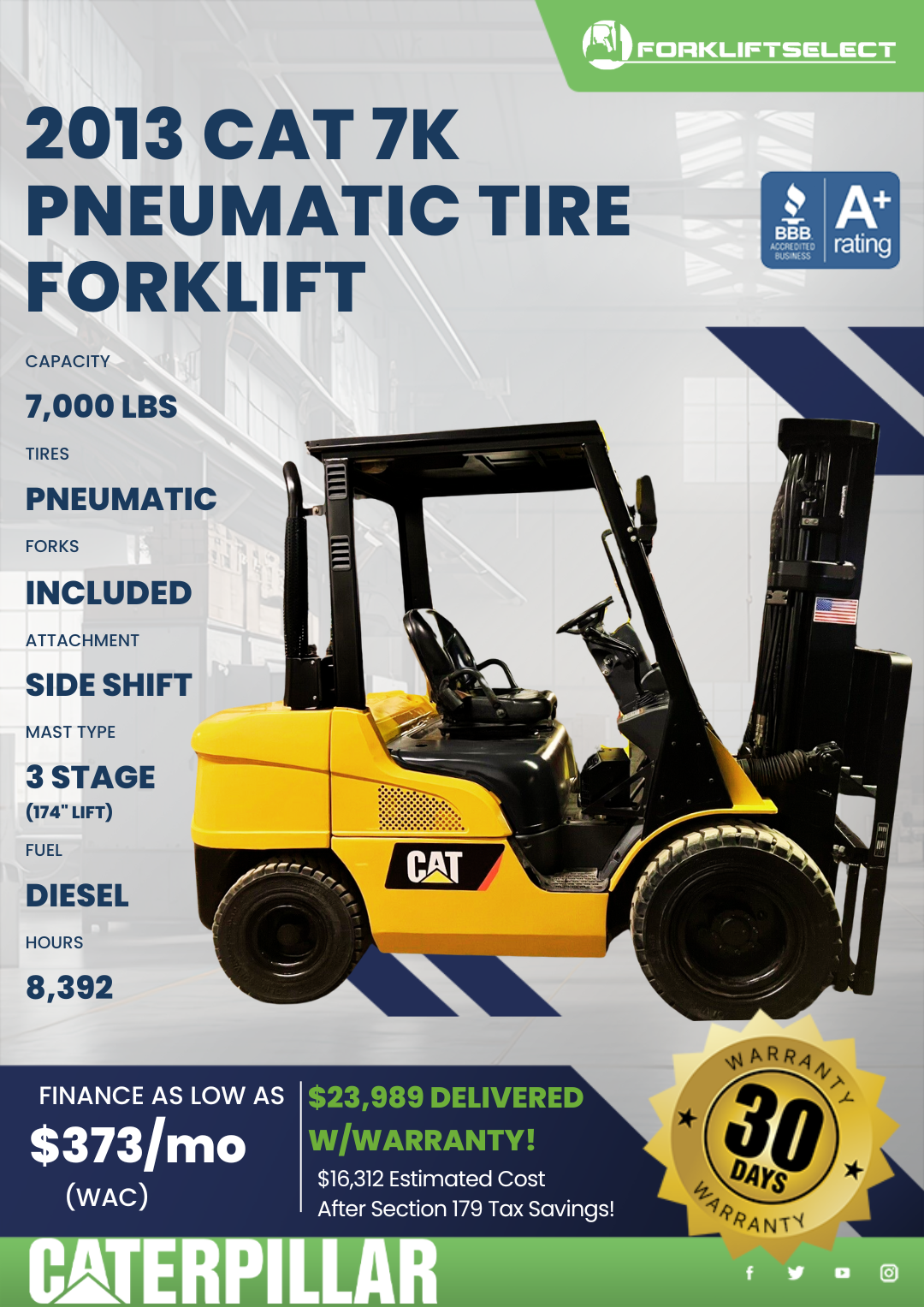 2013 CAT 7K PNEUMATIC TIRE FORKLIFT