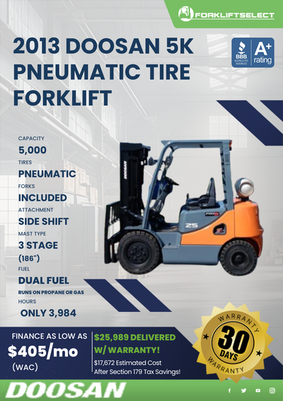 2013 DOOSAN 5K PNEUMATIC TIRE FORKLIFT