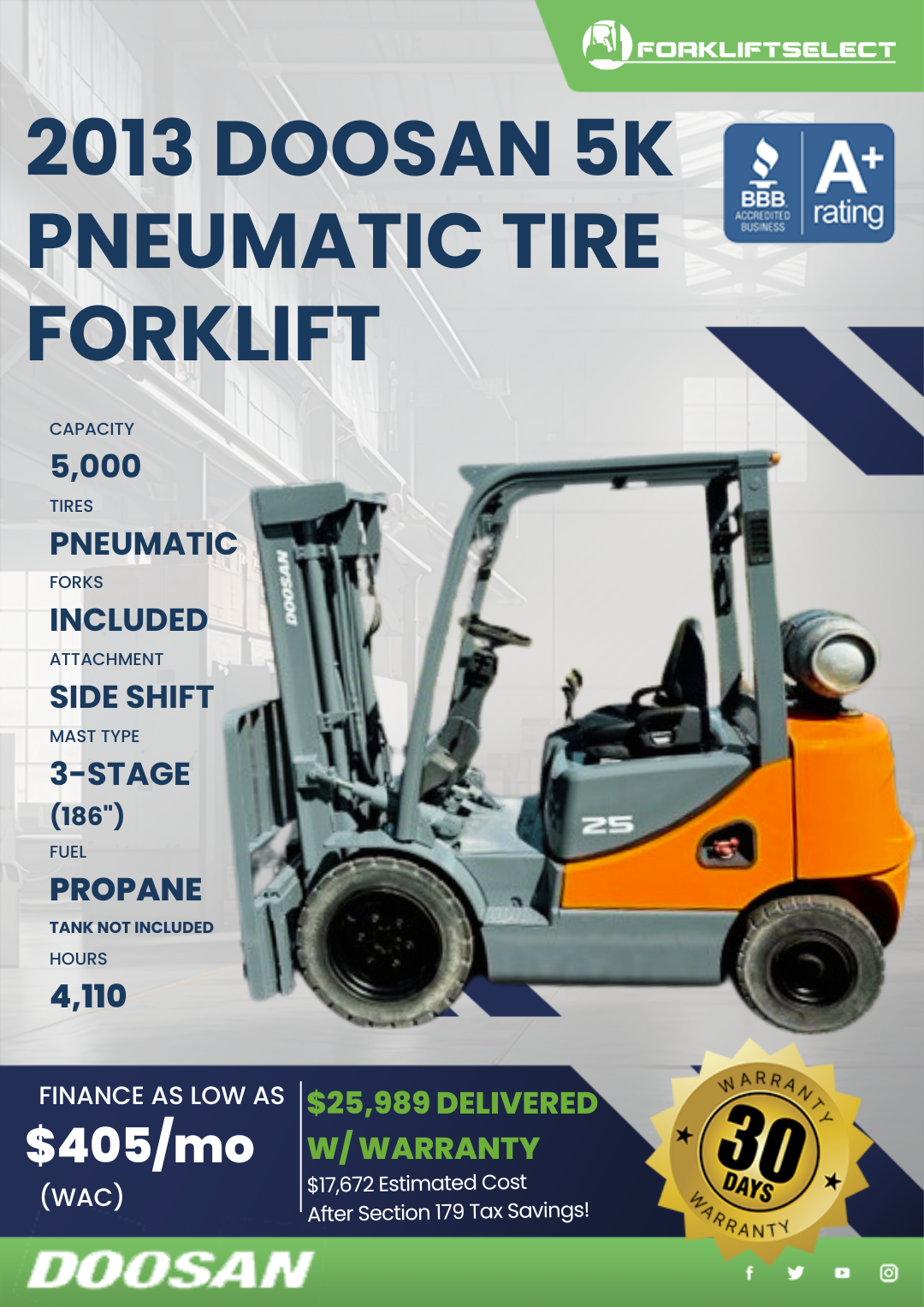 2013 DOOSAN 5K PNEUMATIC TIRE FORKLIFT