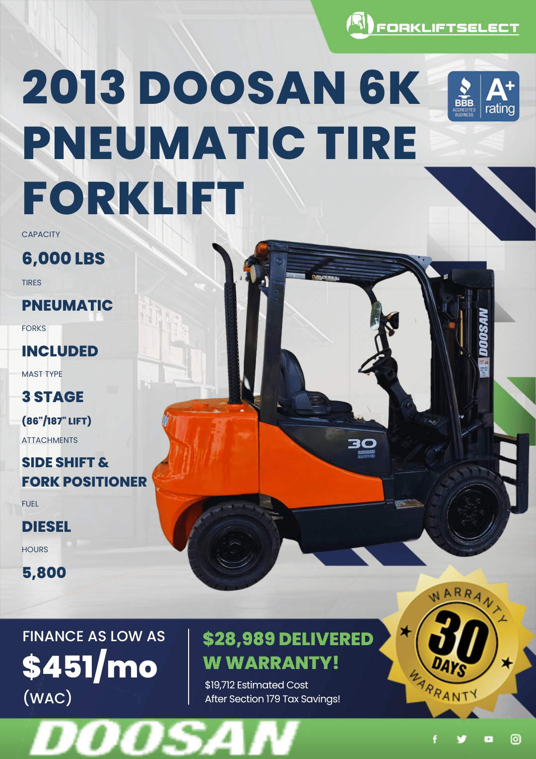 2013 DOOSAN 6K PNEUMATIC TIRE FORKLIFT