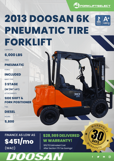2013 DOOSAN 6K PNEUMATIC TIRE FORKLIFT