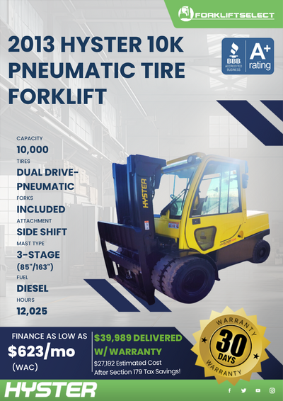 2013 HYSTER 10K PNEUMATIC TIRE FORKLIFT