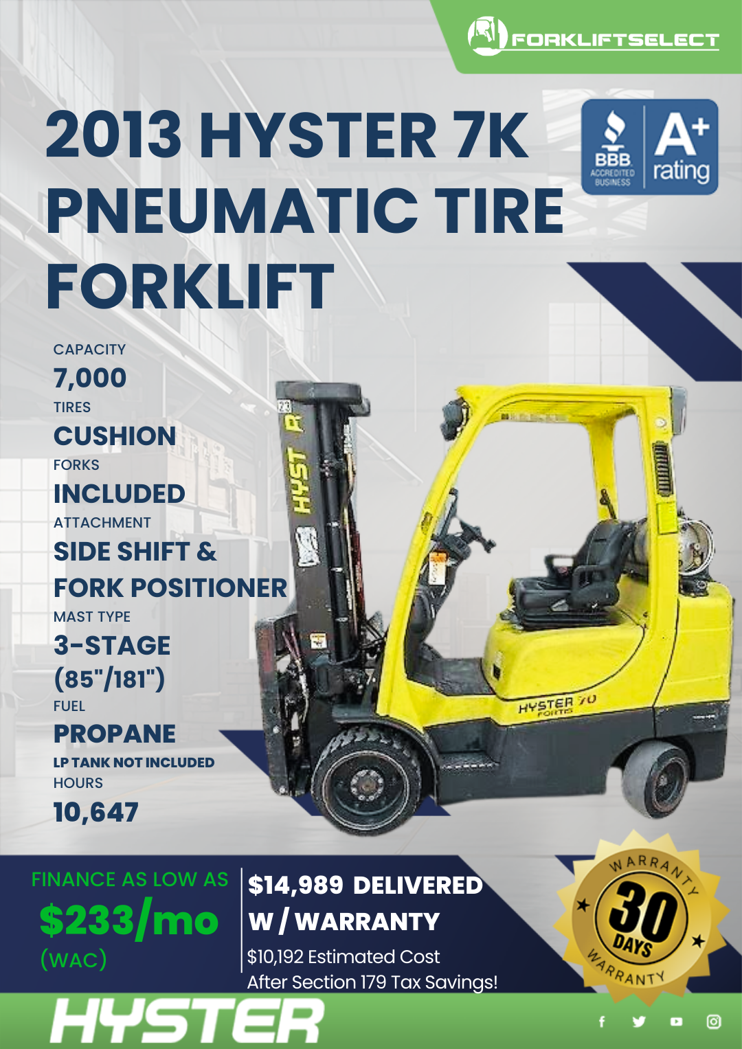2013 HYSTER 7K PNEUMATIC TIRE FORKLIFT