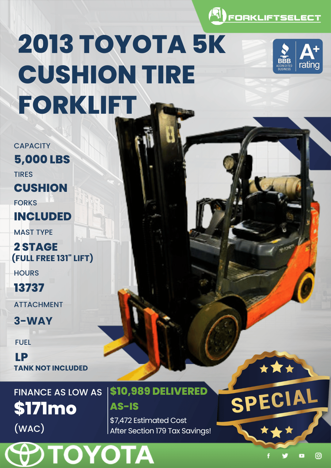 2013 TOYOTA 5K CUSHION TIRE FORKLIFT