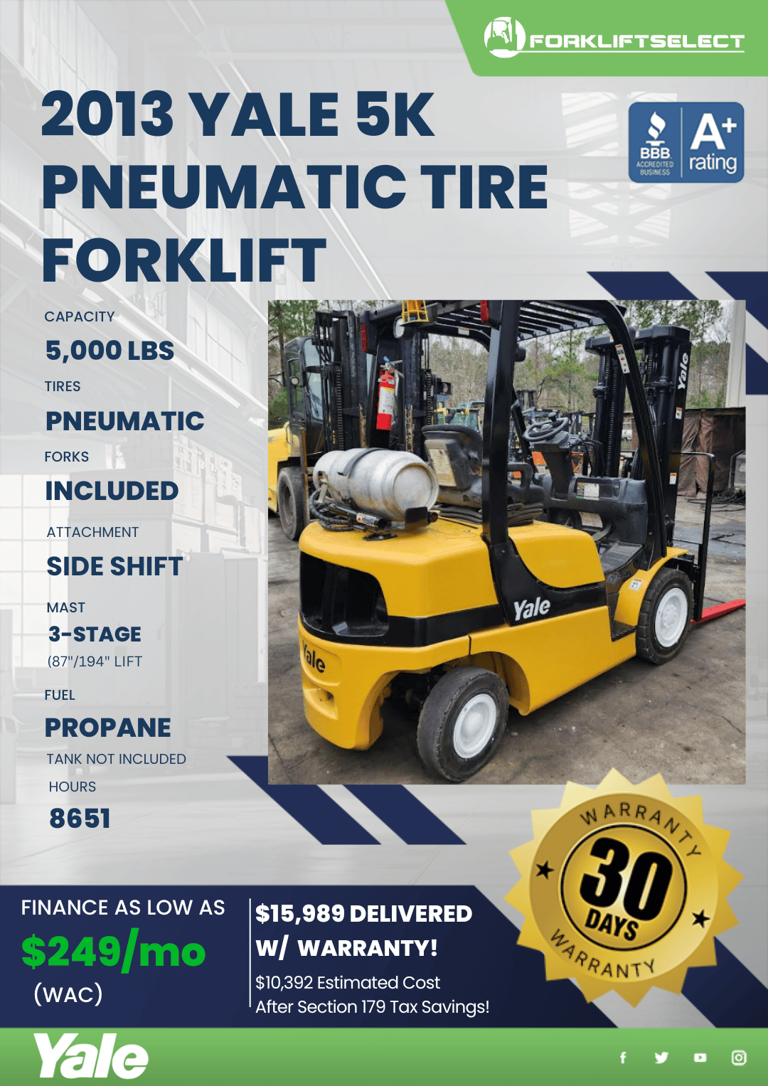 2013 YALE 5K PNEUMATIC TIRE FORKLIFT