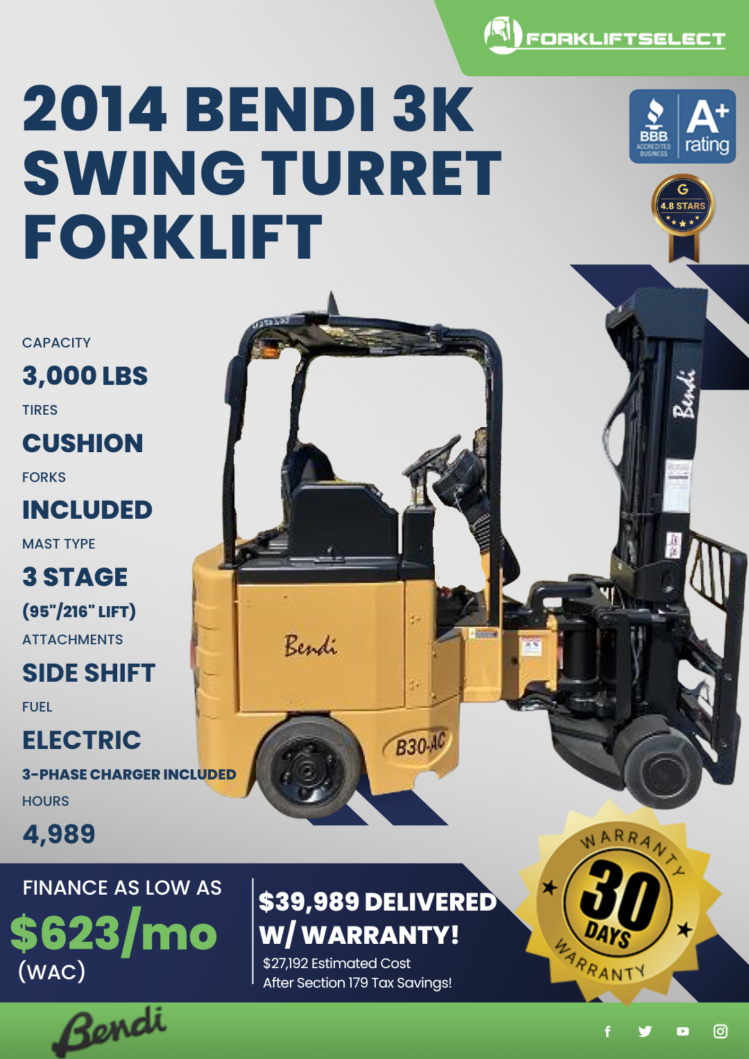 2014 BENDI 3K SWING TURRET FORKLIFT