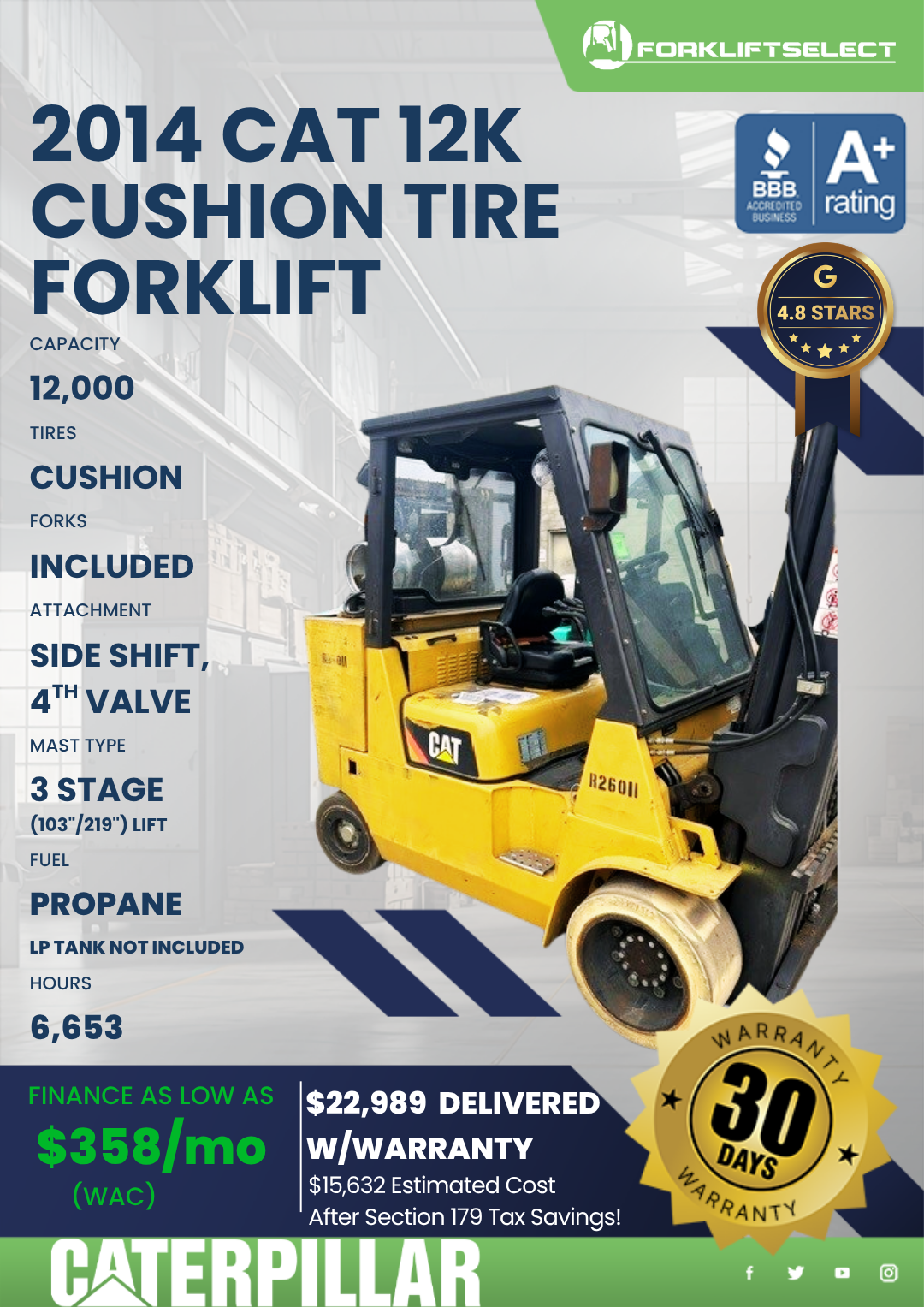 2014 CAT 12K CUSHION TIRE FORKLIFT