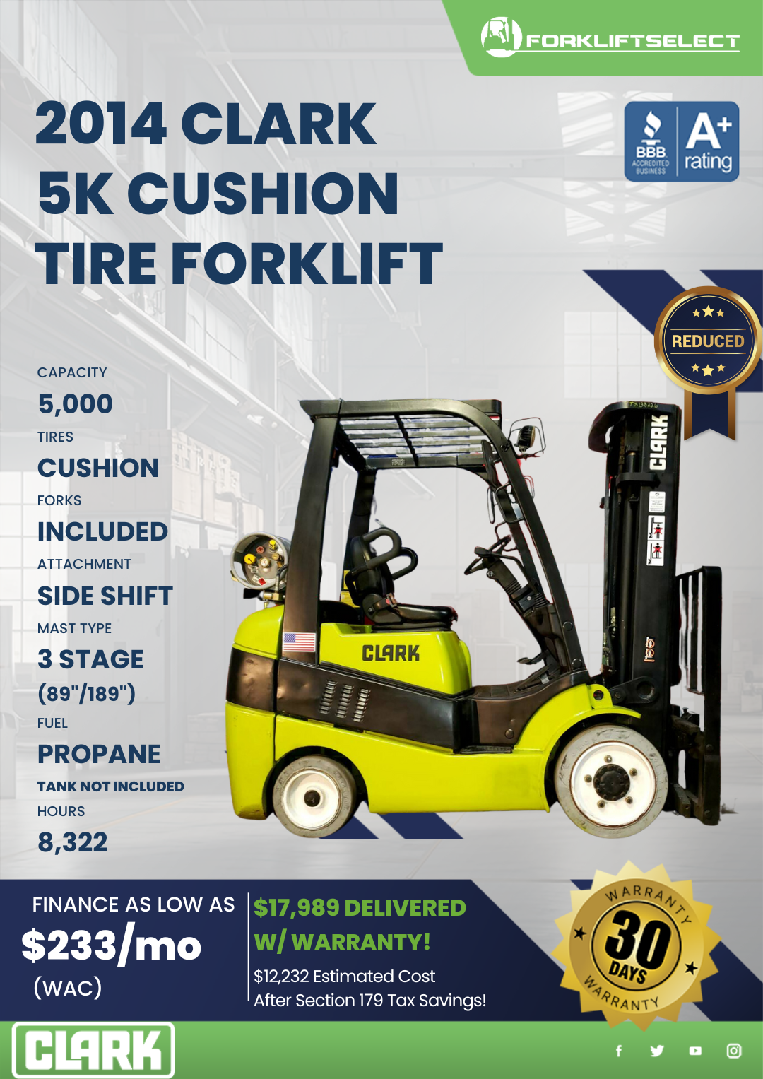 2014 CLARK 5K CUSHION TIRE FORKLIFT