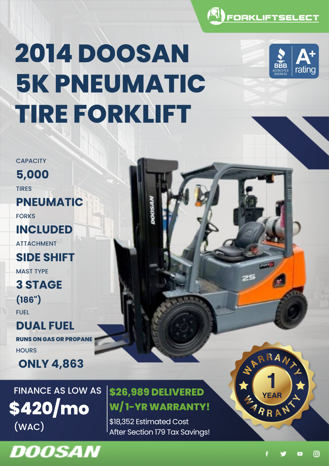 2014 DOOSAN 5K PNEUMATIC TIRE FORKLIFT