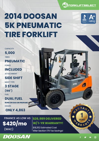 2014 DOOSAN 5K PNEUMATIC TIRE FORKLIFT