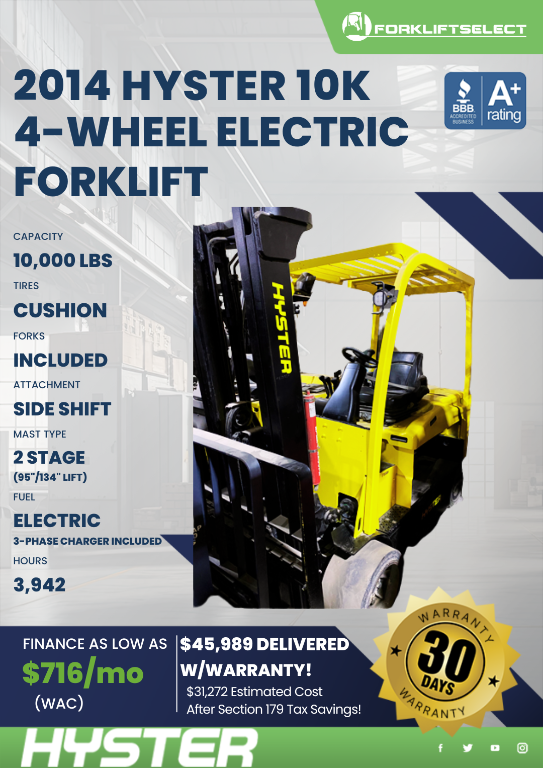 2014 HYSTER 10K 4-WHEEL ELECTRIC FORKLIFT