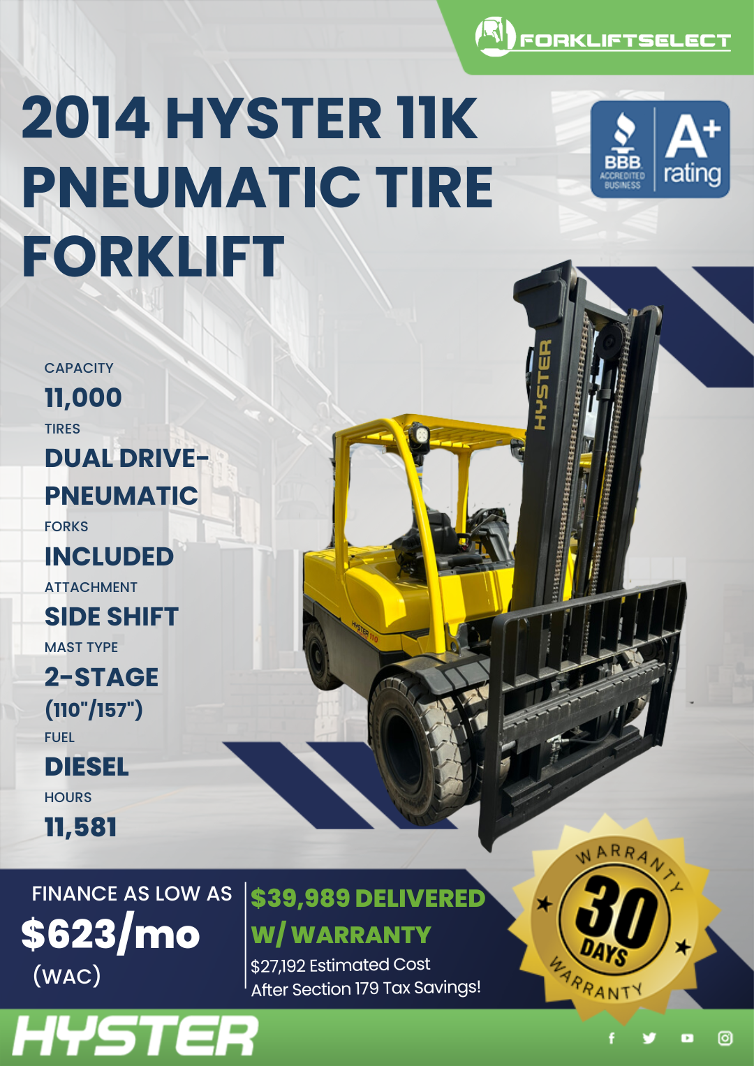 2014 HYSTER 11K PNEUMATIC TIRE FORKLIFT