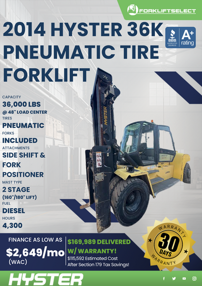 2014 HYSTER 36K PNEUMATIC TIRE FORKLIFT