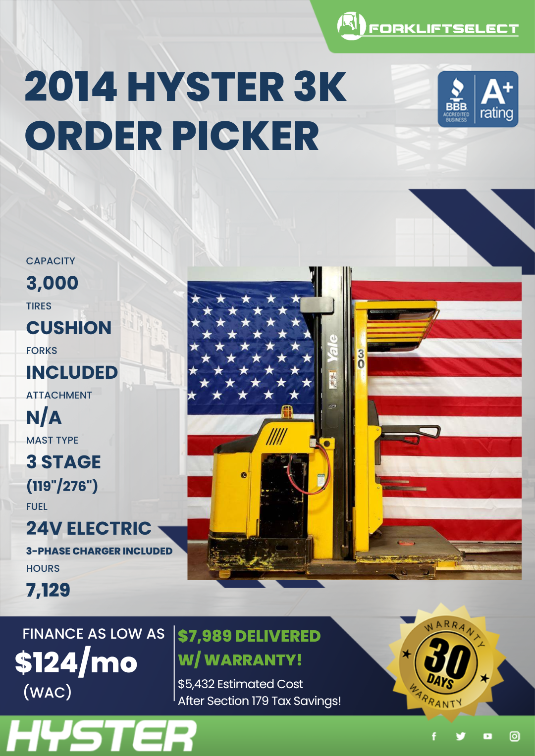 2014 HYSTER 3K CUSHION TIRE ORDER PICKER