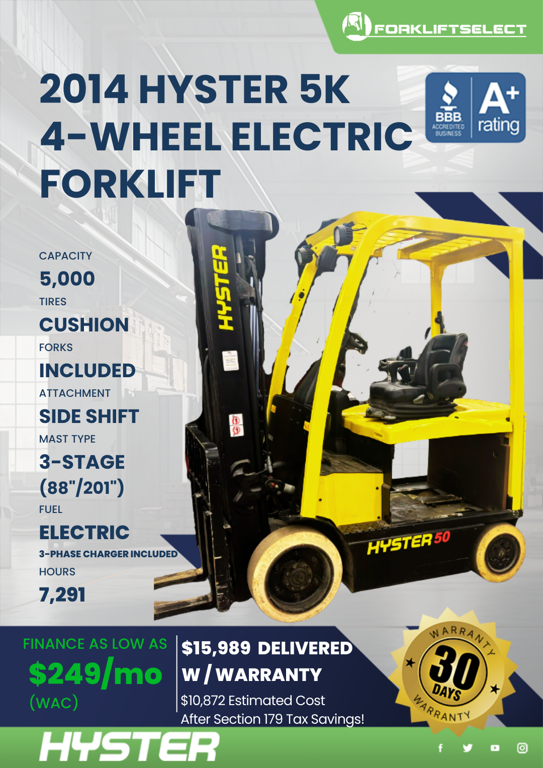 2014 HYSTER 5K 4-WHEEL ELECTRIC FORKLIFT
