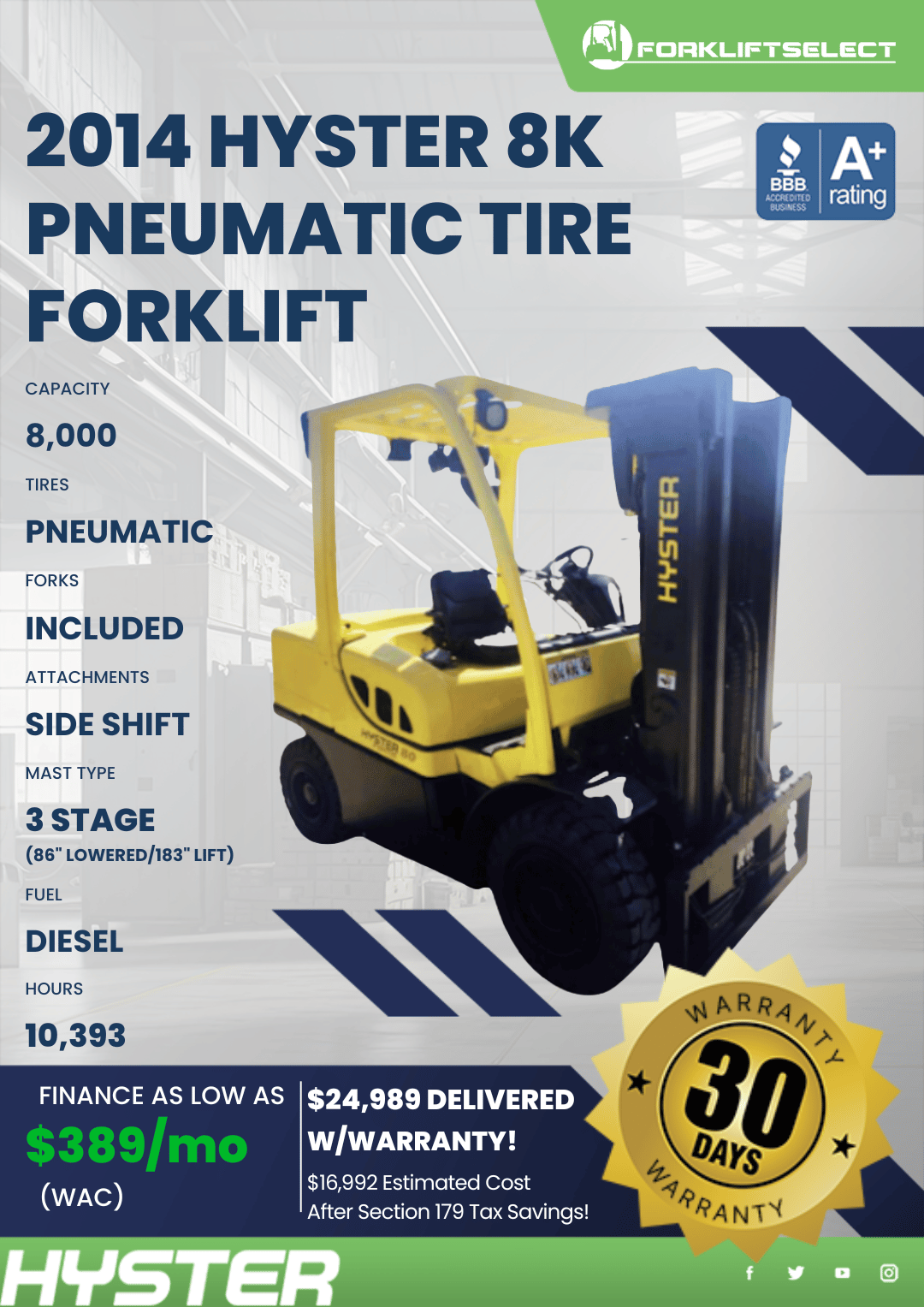 2014 HYSTER 8K PNEUMATIC TIRE FORKLIFT