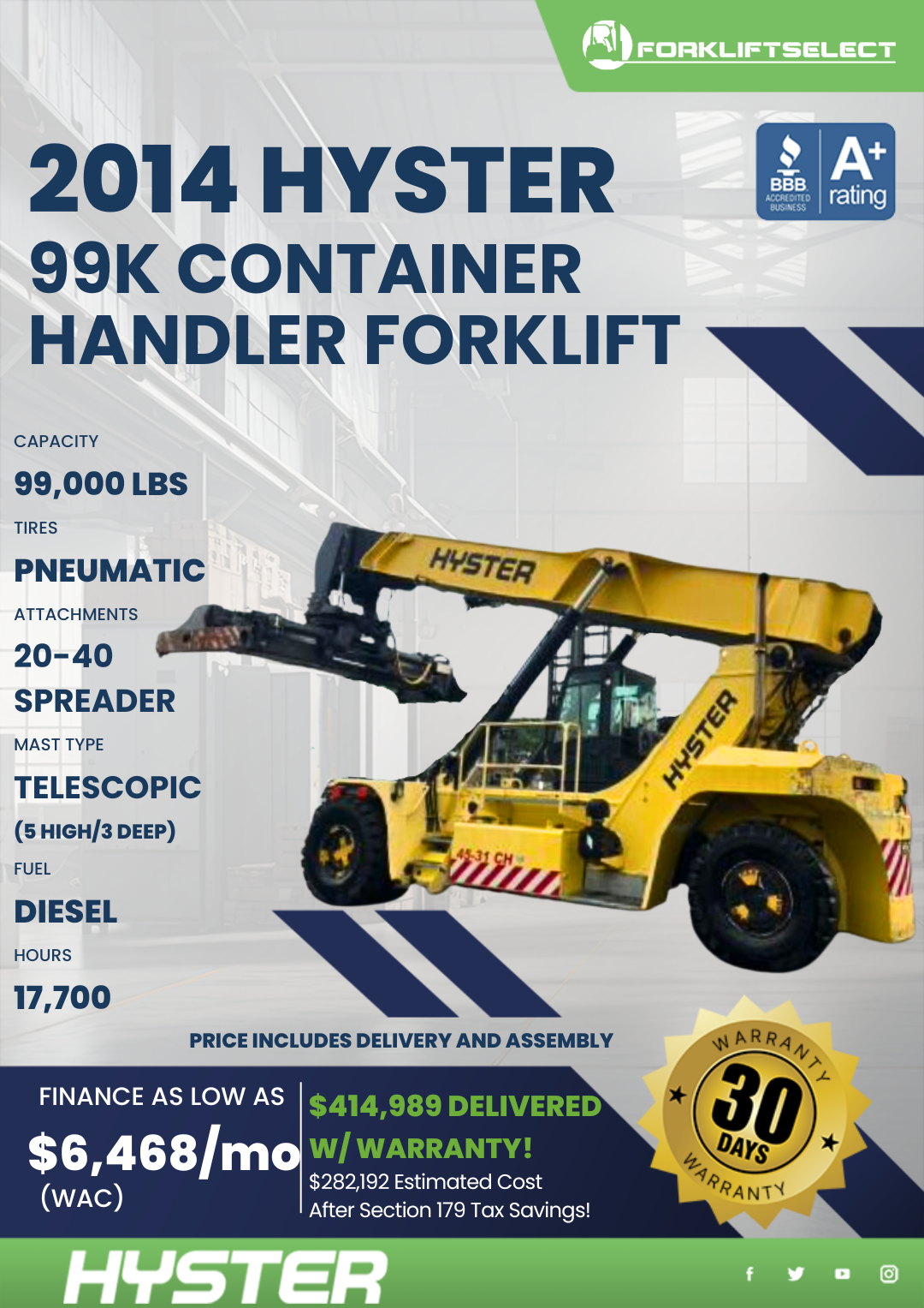 2014 HYSTER 99K CONTAINER HANDLER FORKLIFT