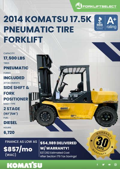 2014 KOMATSU 17.5K PNEUMATIC TIRE FORKLIFT