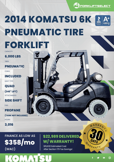 2014 KOMATSU 6K PNEUMATIC TIRE FORKLIFT
