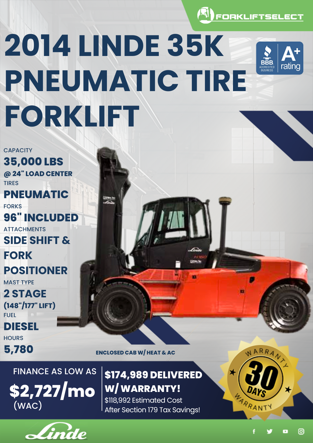 2014 LINDE 35 PNEUMATIC TIRE FORKLIFT