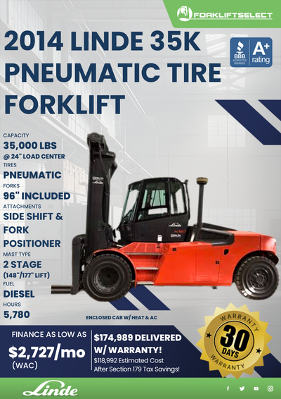 2014 LINDE 35 PNEUMATIC TIRE FORKLIFT