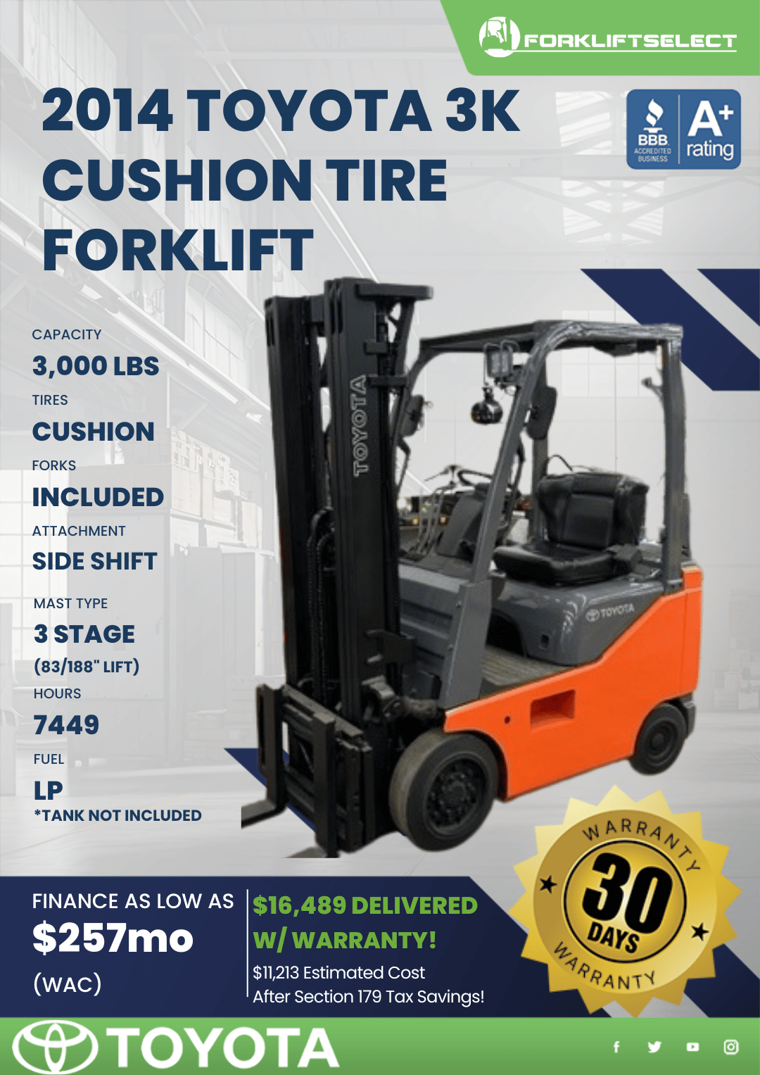 2014 TOYOTA 3K CUSHION TIRE FORKLIFT