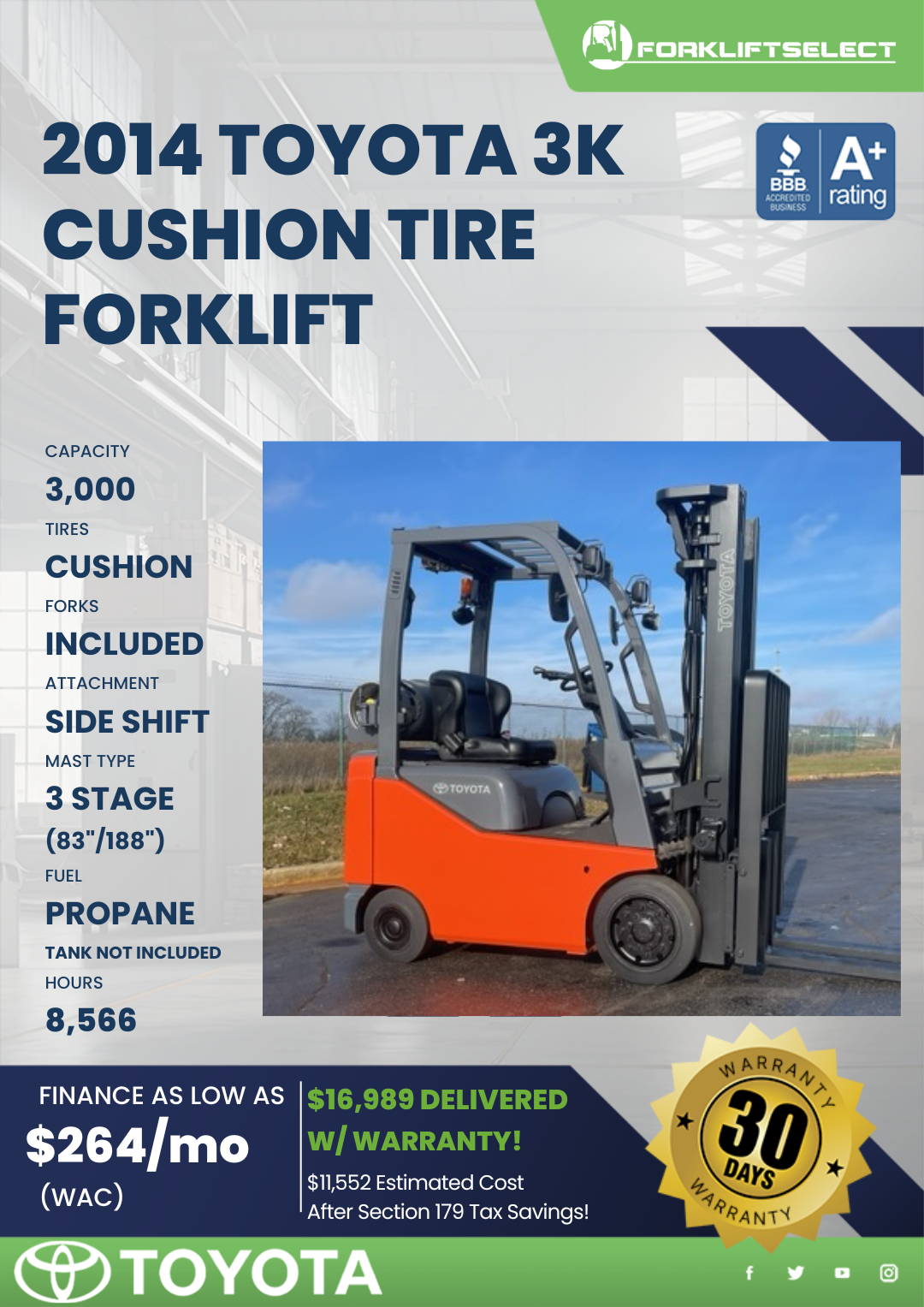 2014 TOYOTA 3K CUSHION TIRE FORKLIFT