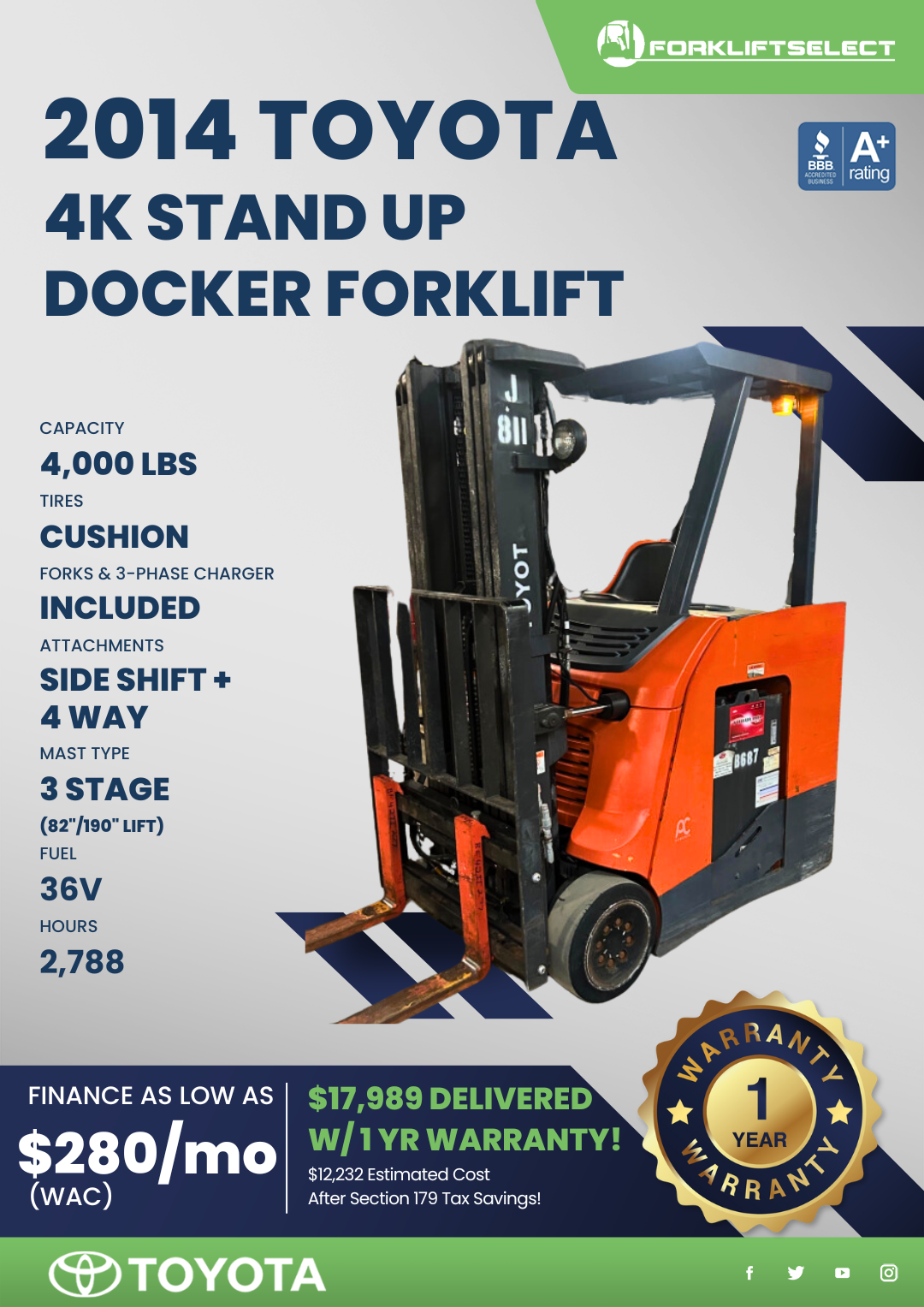 2014 TOYOTA 4K CUSHION TIRE FORKLIFT