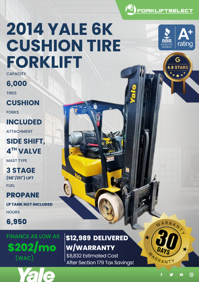 2014 YALE 6K CUSHION TIRE FORKLIFT