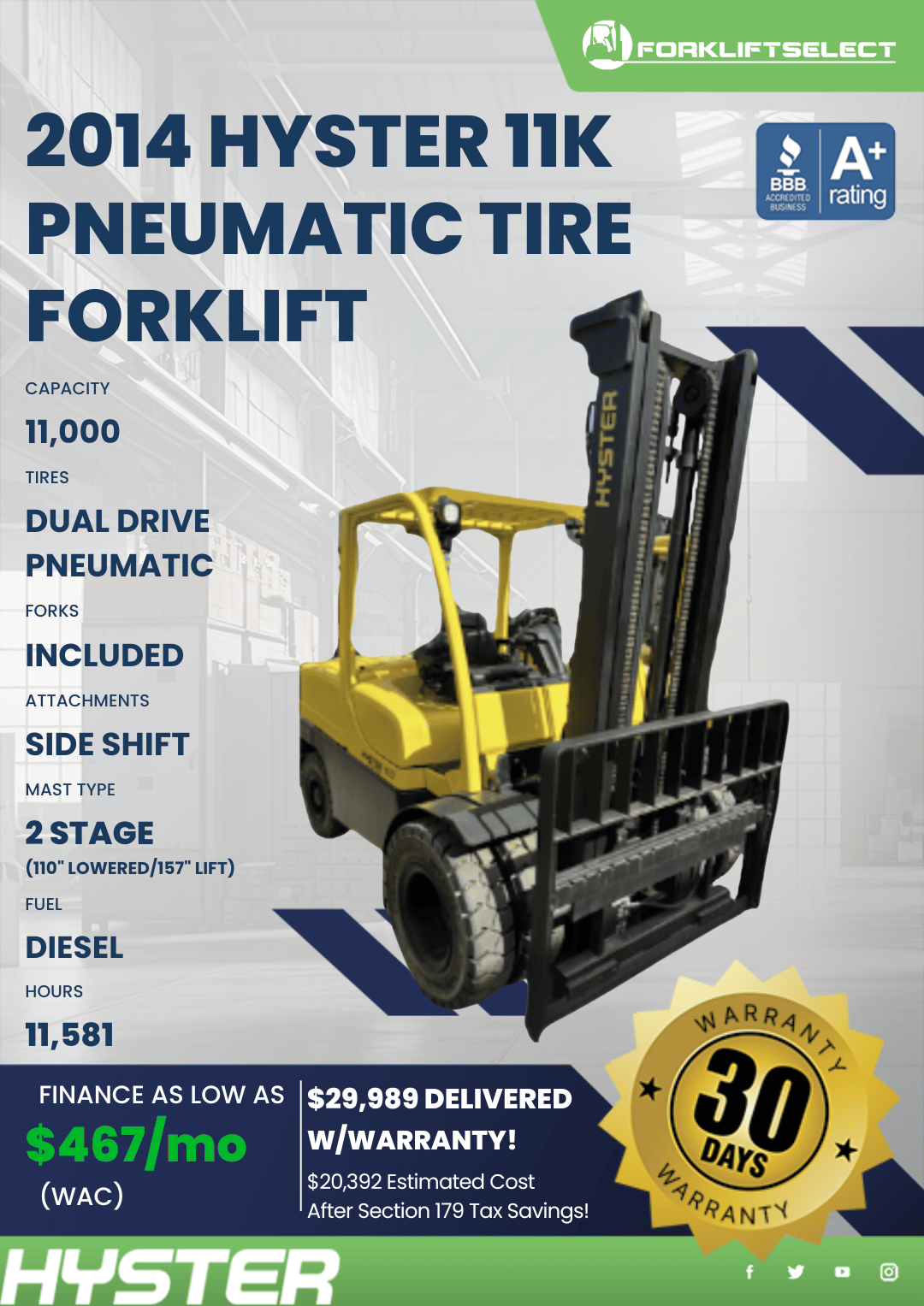2014 HYSTER 11K PNEUMATIC TIRE FORKLIFT