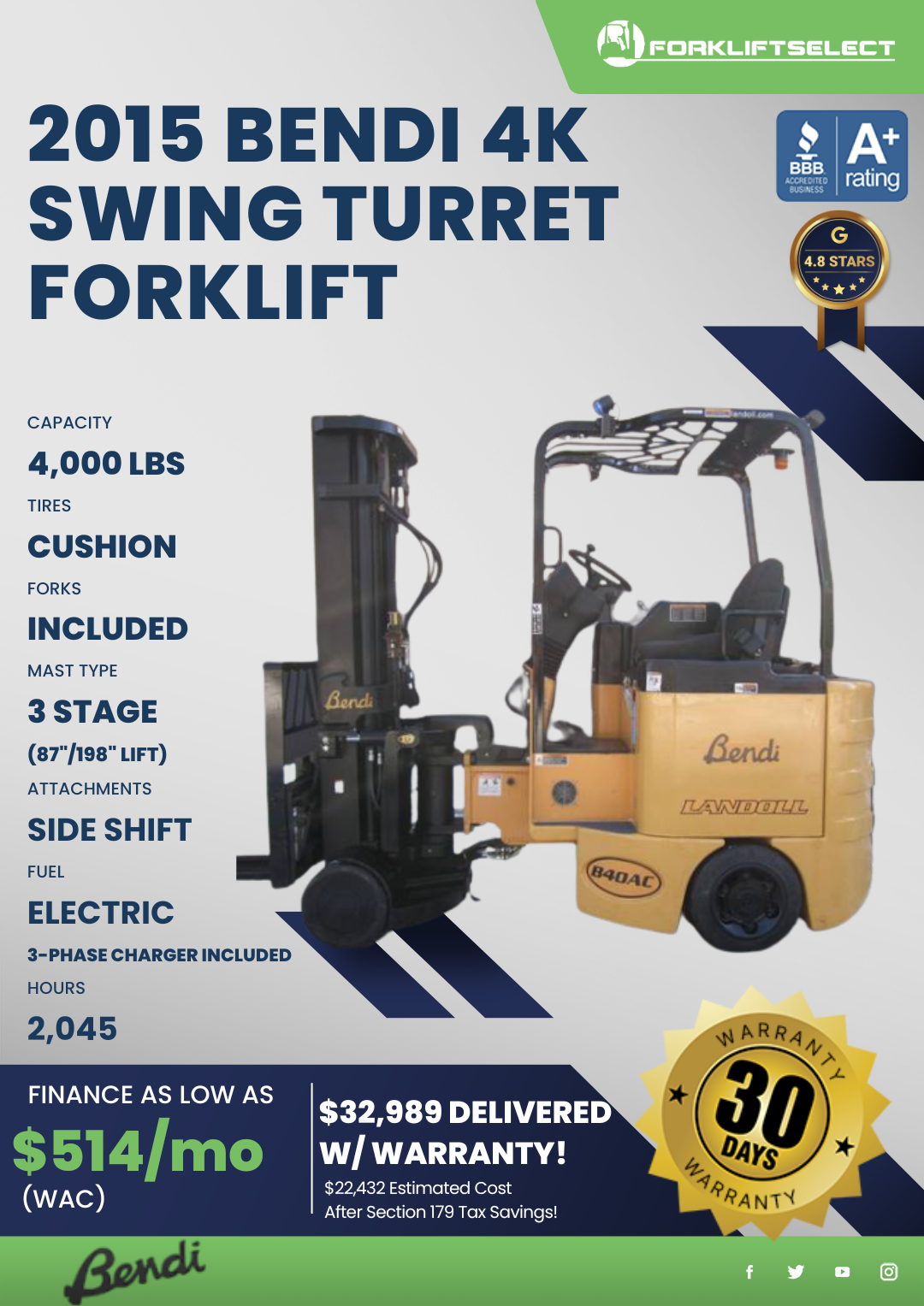 2015 BENDI 4K SWING TURRET FORKLIFT