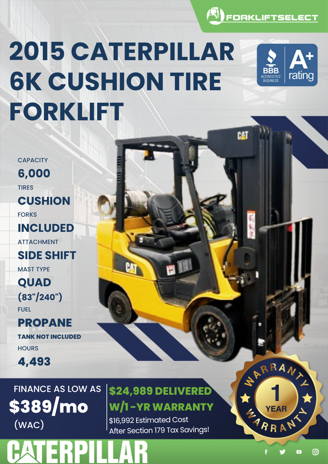 2015 CATERPILLAR 6K CUSHION TIRE FORKLIFT