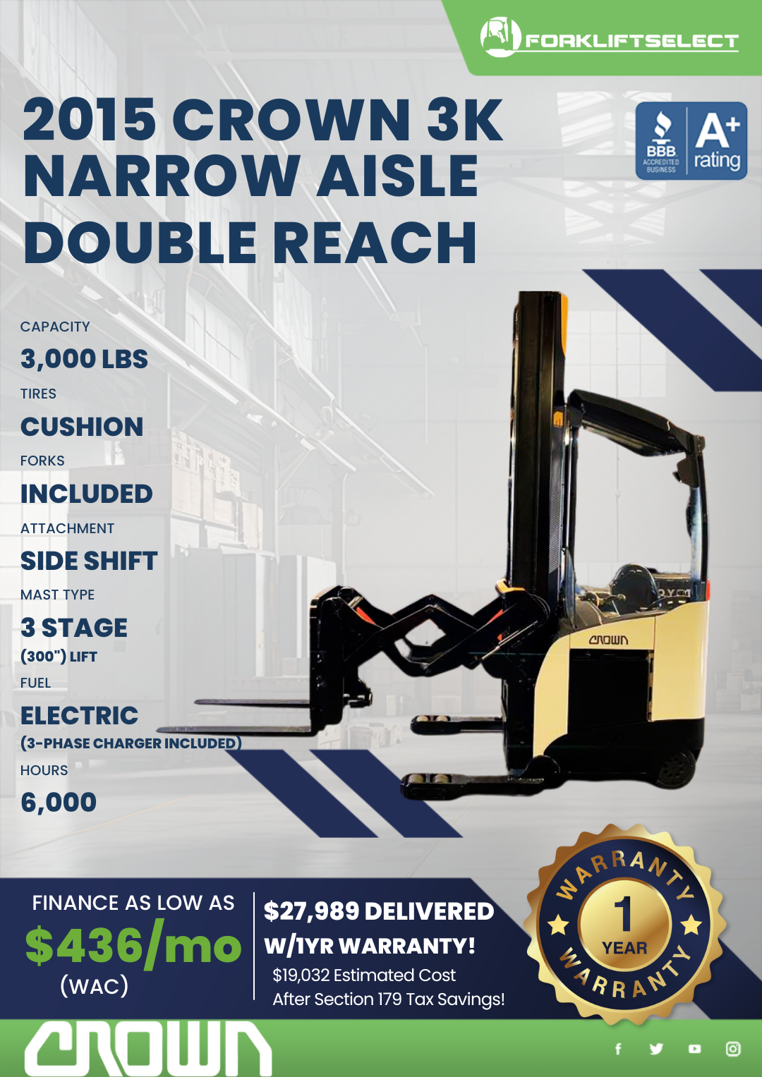 2015 CROWN 3K NARROW AISLE DEEP REACH
