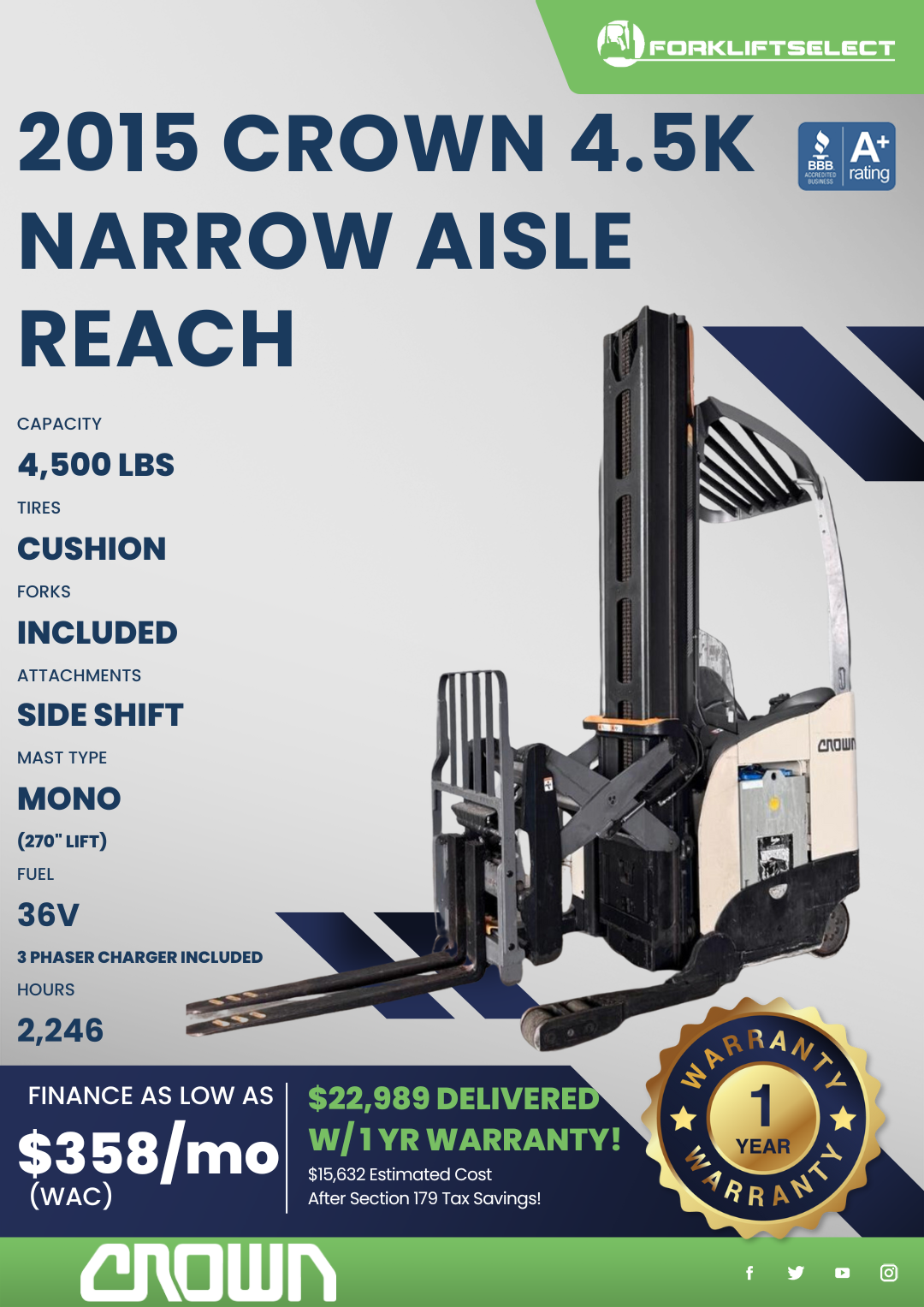 2015 CROWN 4.5K NARROW AISLE REACH