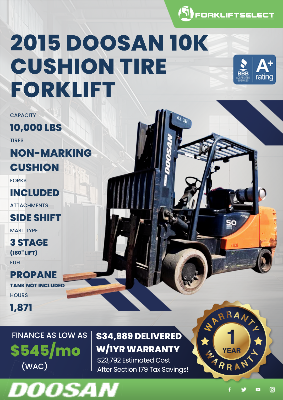 2015 DOOSAN 10K CUSHION TIRE FORKLIFT