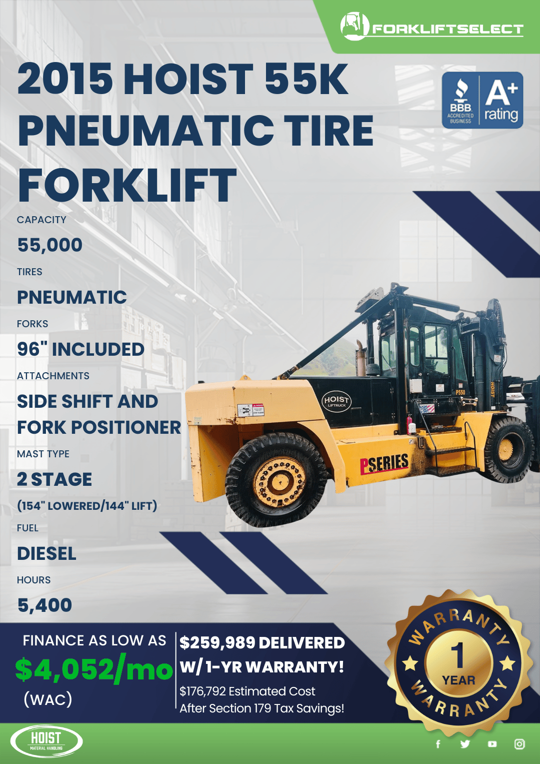 2015 HOIST 55K PNEUMATIC TIRE FORKLIFT