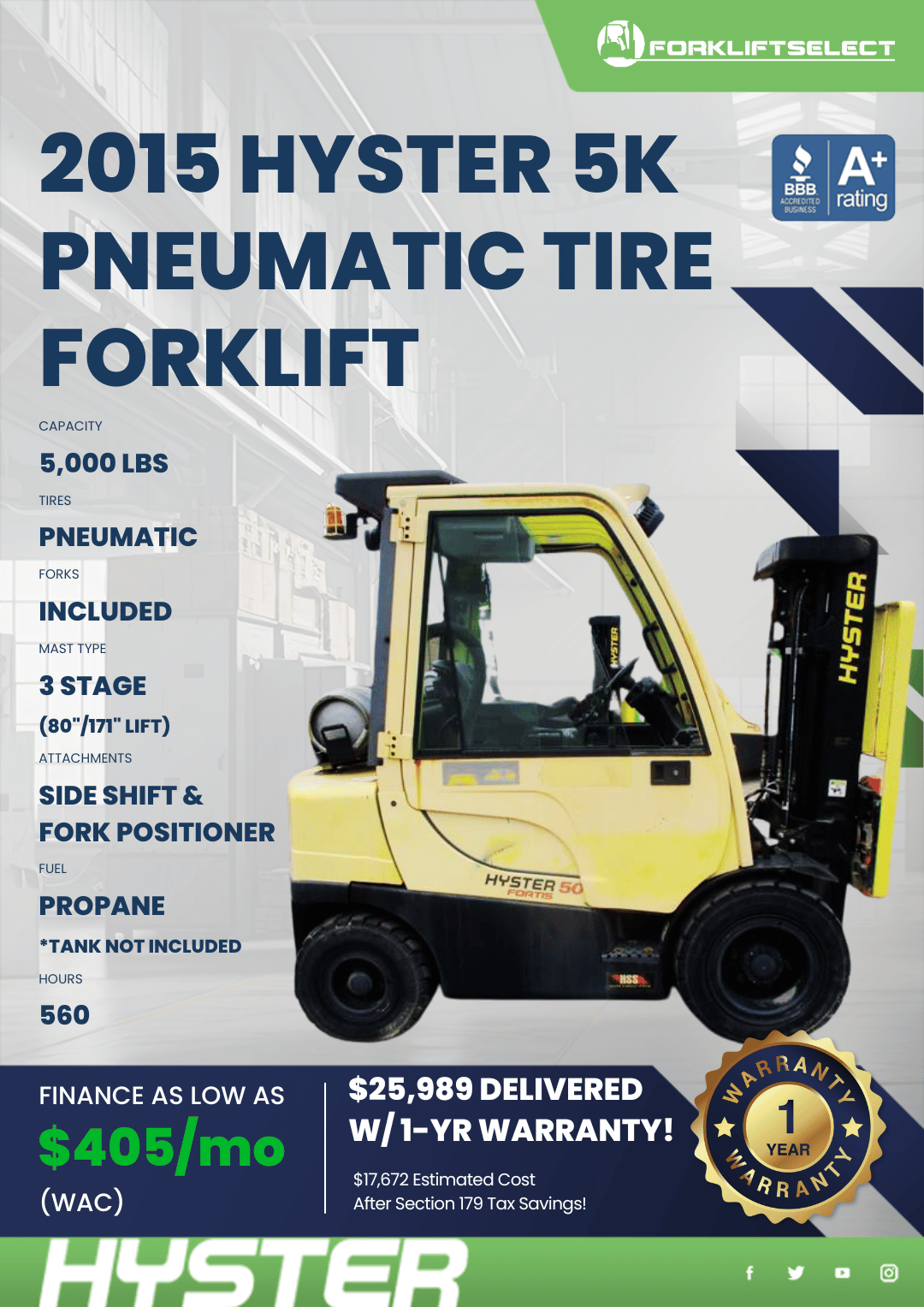 2015 HYSTER 5K PNEUMATIC TIRE FORKLIFT