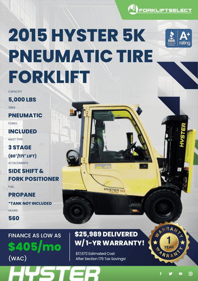 2015 HYSTER 5K PNEUMATIC TIRE FORKLIFT