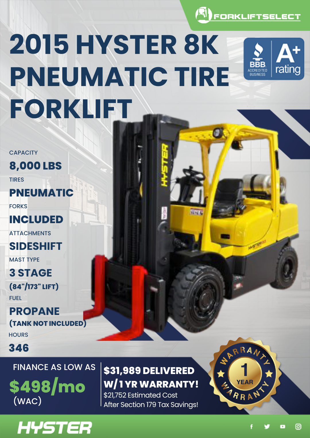 2015 HYSTER 8K PNEUMATIC TIRE FORKLIFT