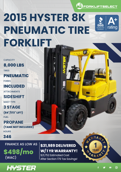2015 HYSTER 8K PNEUMATIC TIRE FORKLIFT