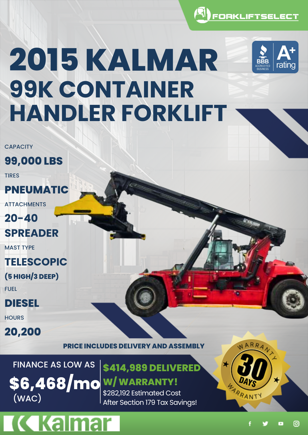 2015 KALMAR 99K CONTAINER HANDLER FORKLIFT