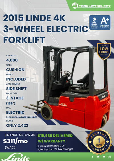 2015 LINDE 4K 3-WHEEL ELECTRIC FORKLIFT