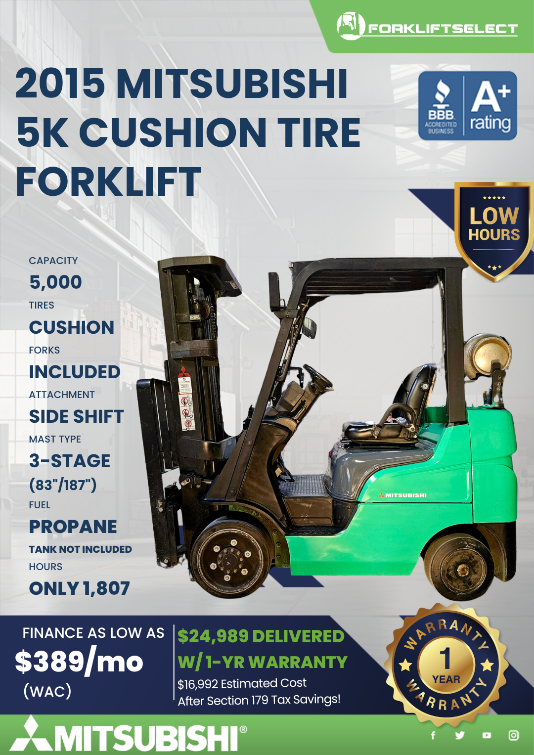 2015 MITSUBISHI 5K CUSHION TIRE FORKLIFT