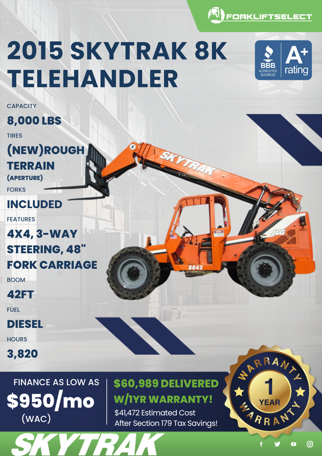 2015 SKYTRAL 8K TELEHANDLER