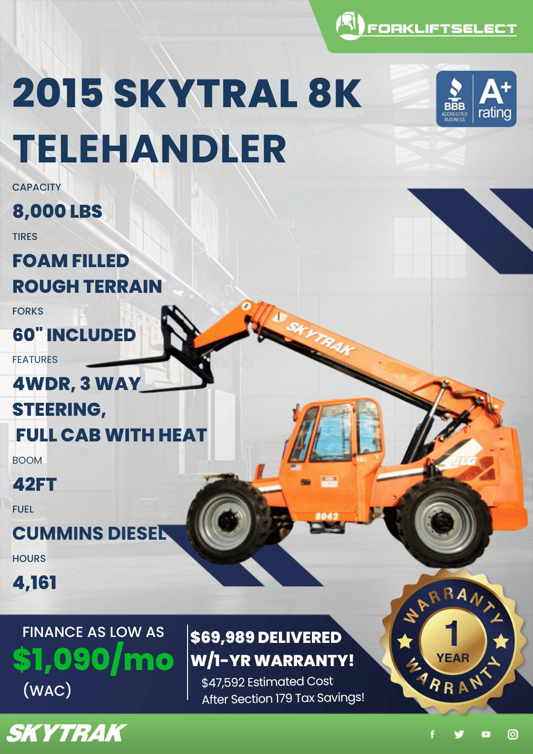 2015 SKYTRAL 8K TELEHANDLER