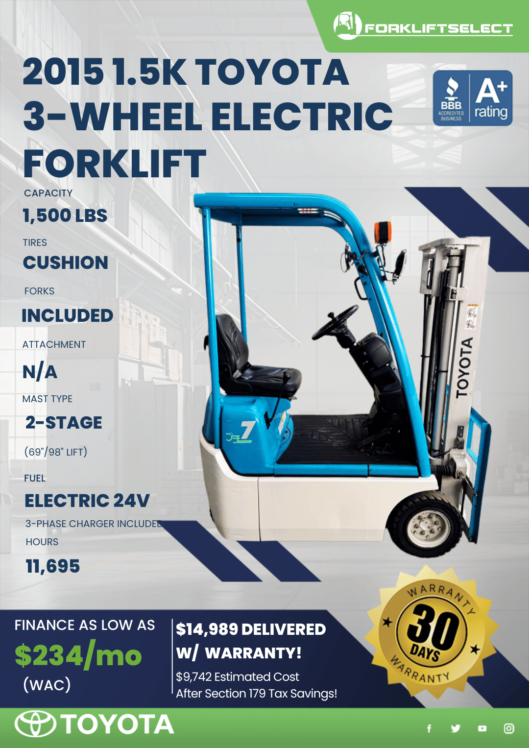 2015 1.5K TOYOTA 3-WHEEL ELECTRIC FORKLIFT
