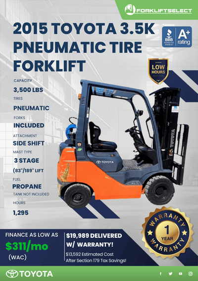 2015 TOYOTA 3.5K PNEUMATIC TIRE FORKLIFT