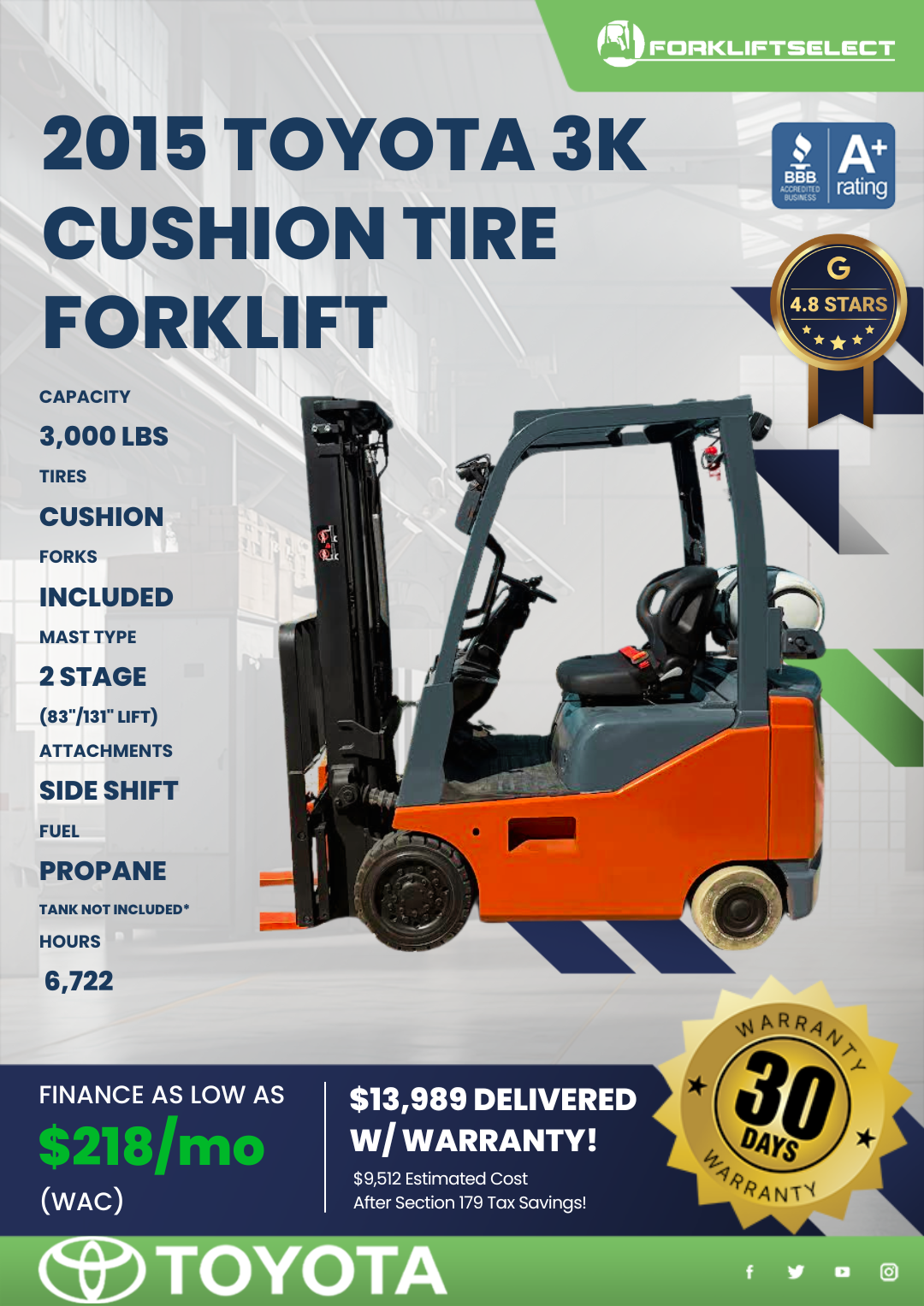 2015 TOYOTA 3K CUSHION TIRE FORKLIFT